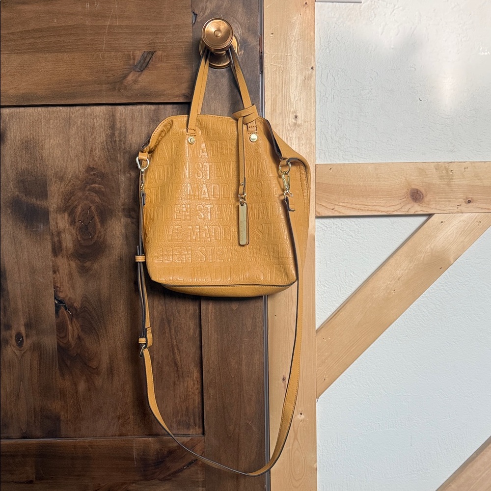 Steve Madden Tan/ Yellow Embossed Leather Bucket Crossbody Bag